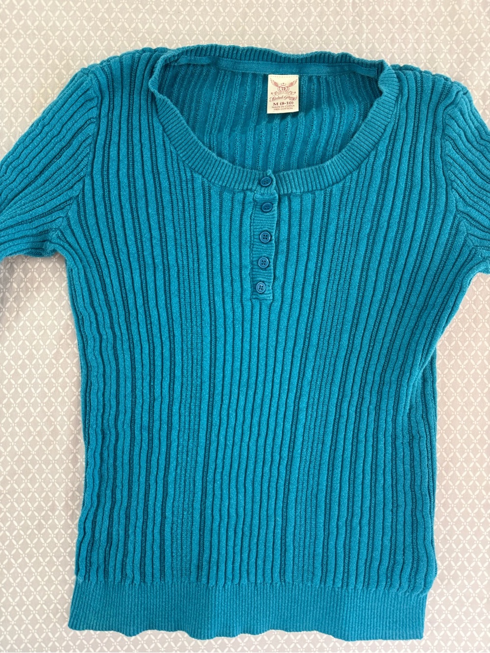 Vintage Faded Glory Teal Blue Ribbed Button-Front Henley Top Size Small